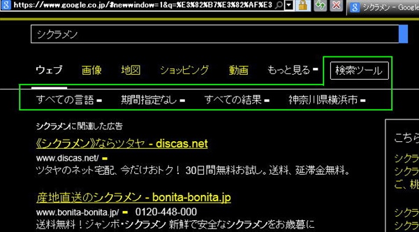 検索ツールをクリックしてメニューが表示されたところ。